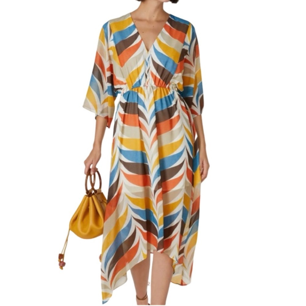 Slate & Willow Lined Scarf Hem Dress. Size L. Brown/cream/blue/orange Pattern.